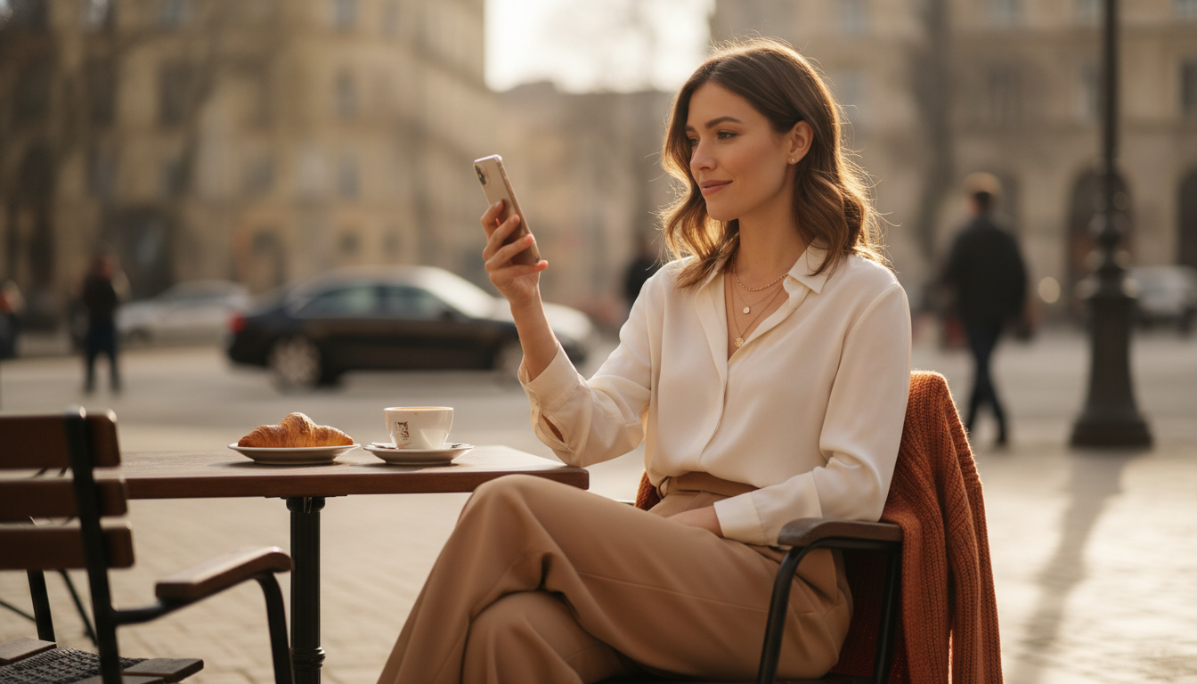 Mujer revisa su teléfono con calma antes de una primera cita de sugar dating